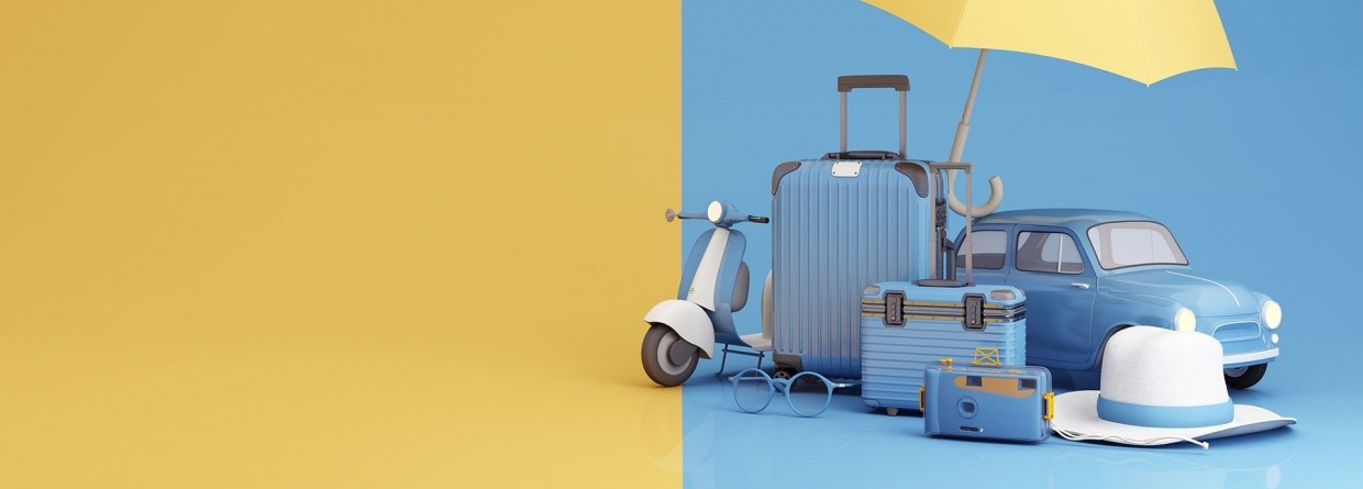 Reisverzekering paraplu beschermt bagage, camera, zonnebril, hoed, camera en auto op een blauw met gele achtergrond