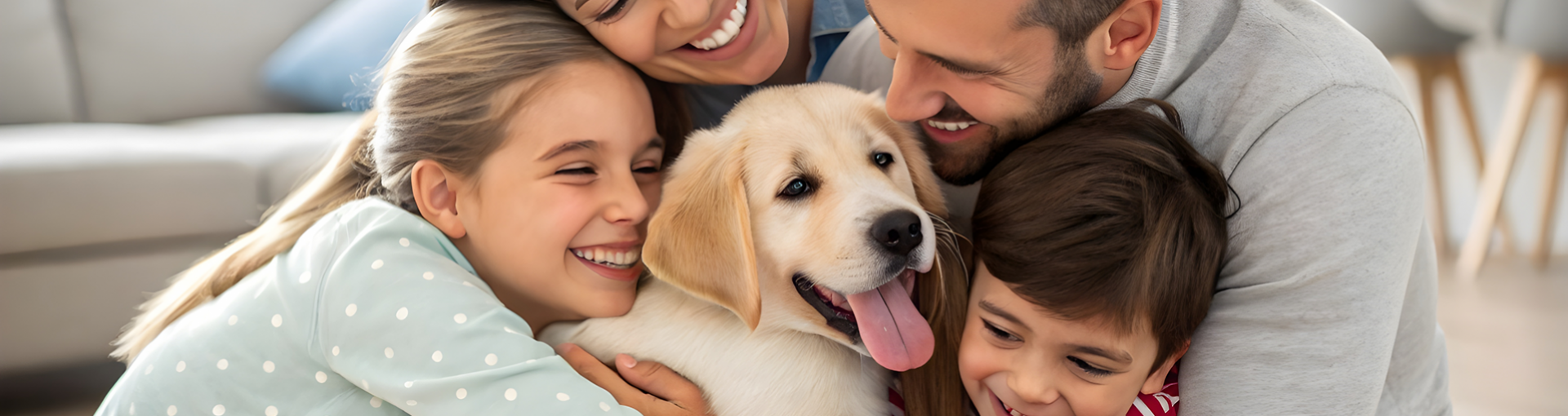 Woongenot; vrolijk gezin met hond wat elkaar knuffelt in een huis